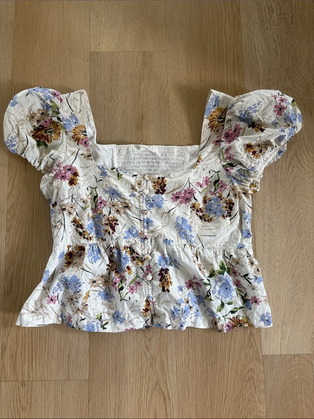 Anthropologie Cream Floral Square-Neck Puff Sleeve Peplum Top